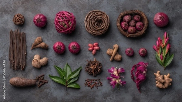 Obraz Assorted herbs and spices in artistic arrangement, celebrating natural flavors and culinary diversity