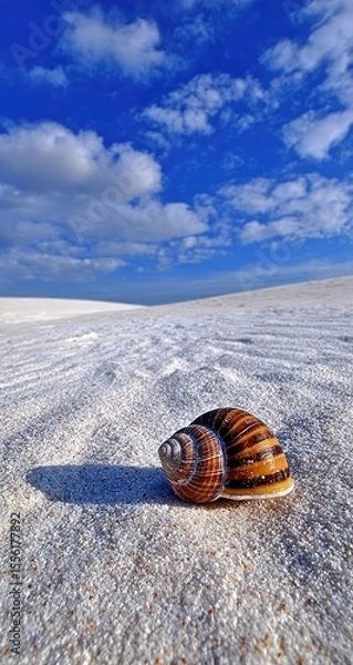 Fototapeta A striped snail shell rests on a white sandy beach under a bright blue sky