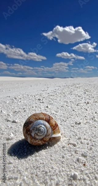 Fototapeta A small, light-brown snail shell rests on a vast expanse of white sand, under a vibrant blue sky with puffy white clouds.  Vast desert landscape
