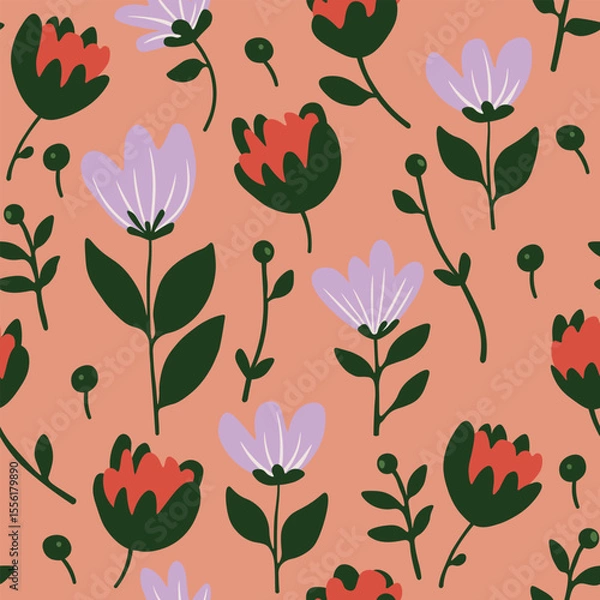 Fototapeta Seamless floral pattern in purple and red tones. Hand-drawn botanical vector design with stylized flowers. Perfect for textile, wrapping paper, wallpaper, and romantic decorative projects.