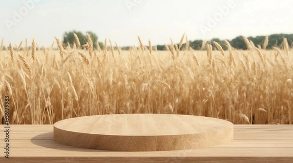 Fototapeta Empty wooden log on rustic table over wheat field background. Jewish holiday Shavuot mock up for design and product display 