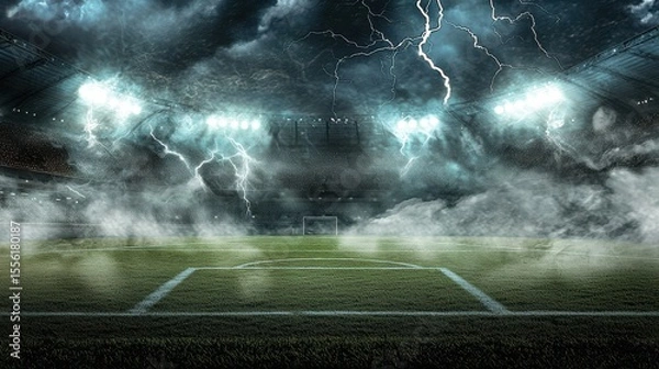 Obraz Dramatic lightning storm over empty football soccer stadium