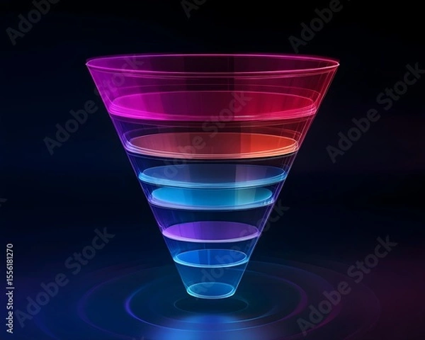 Fototapeta Colorful 3D Sales Funnel Diagram with Segmented Layers on Dark Background, A vibrant 3D sales funnel infographic with transparent, multicolored layers on a dark background, representing marketing
