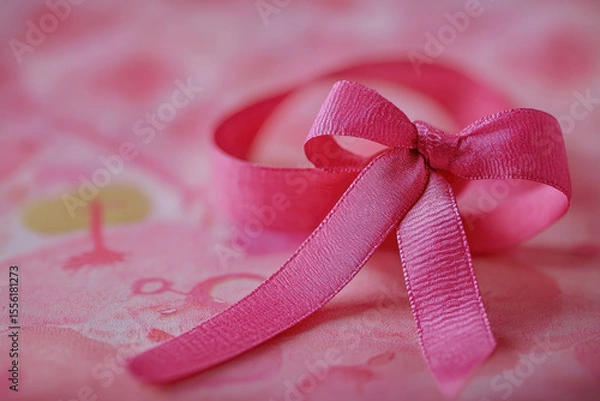 Fototapeta A vibrant pink satin ribbon tied into a bow with flowing tails against a textured fabric background with a floral pattern