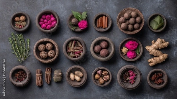 Obraz Assorted herbs and spices in artistic arrangement, celebrating natural flavors and culinary diversity