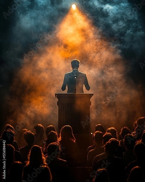 Fototapeta confident speaker at podium addressing captivated audience public speaking introduction concept cinematic editorial photography spotlight ambient glow wide angle lens