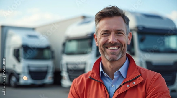 Fototapeta portrait of a smiling logistics employee in front of cargo trucks, modern warehouse background, clear sky, corporate photo shoot style
