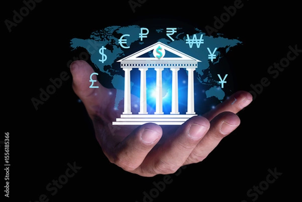Obraz Businessman holding globe with banking icon on virtual screen. Growth of the banking sector financial institution. Finance and Online banking network. currency exchange.