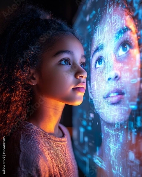Fototapeta ai avatar interacting with student on screen future of human computer interaction futuristic classroom concept ambient ui lighting digital art