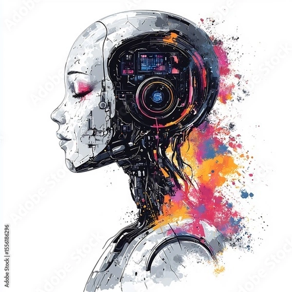 Fototapeta ai robot imagining creativity concept artificial intelligence vs human intelligence comparison illustration imagination and logic contrast digital art