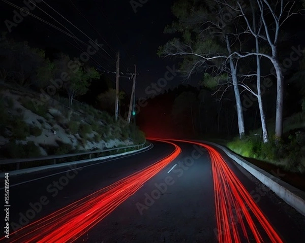 Fototapeta Long Exposure of Car Light Streaks on a Curving Road at Night with Trees and a Green Traffic Light