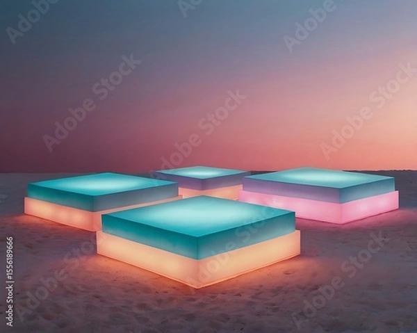 Fototapeta Illuminated Cubes on Sandy Beach at Dusk A Serene Scene with Glowing Geometric Forms Against a Colorful Sky Backdrop