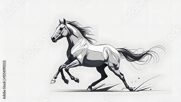 Fototapeta Majestic Running Horse: A monochrome artistic representation of a horse in full gallop, capturing the raw power and elegant grace of equine movement.
