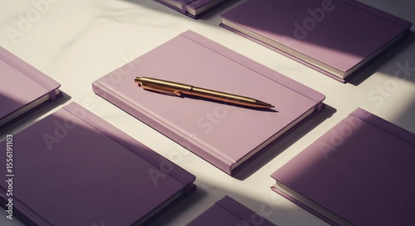 Fototapeta Elegant Lavender Notebooks with Golden Pen, Minimalist Composition