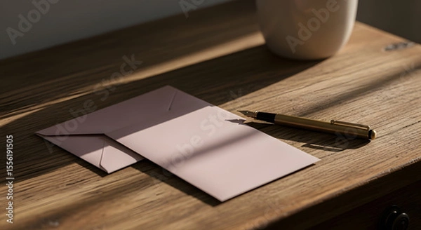 Fototapeta Elegant Stationery: Pen, Envelope, and Paper on Wooden Table