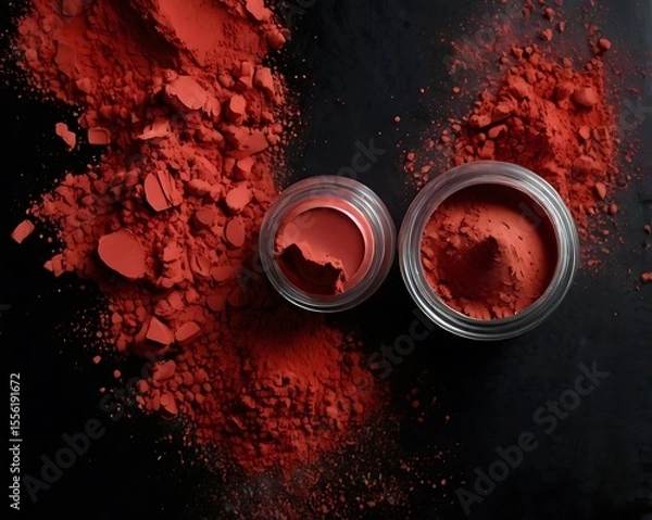 Fototapeta Crimson Pigment Displayed with Two Open Jars on a Dark Surface for Artistic and Cosmetic Applications