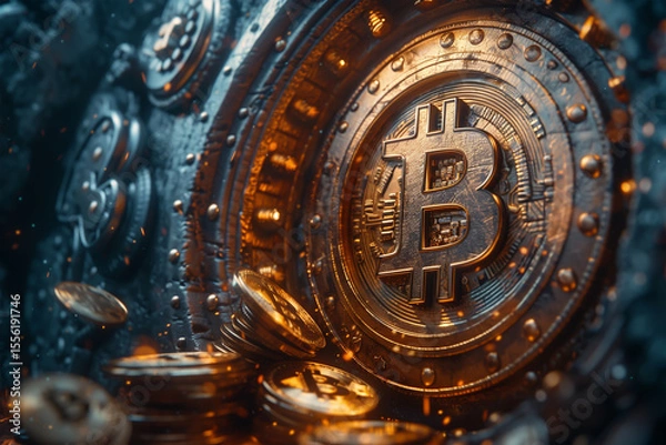 Fototapeta Futuristic 3D vault door opening with bitcoin and dollar coins flying out