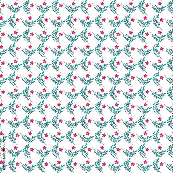 Fototapeta Seamless Floral Pattern Featuring Red Flowers and Green Leaves on White Background