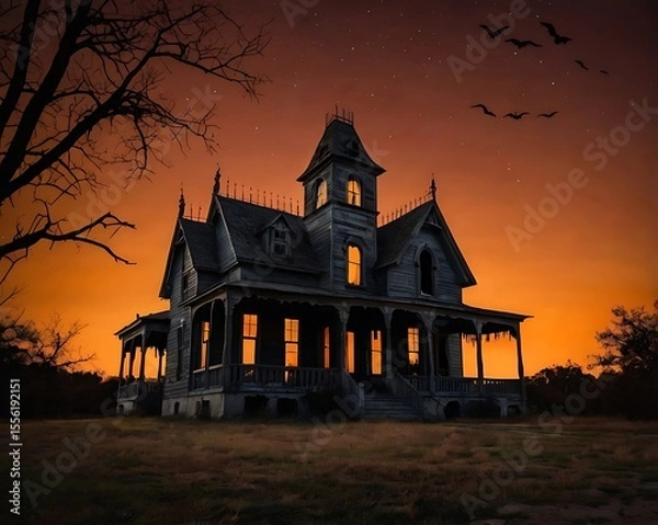 Fototapeta Dramatic Haunted House at Dusk with Bats Silhouette and Bare Tree Branches in a Dark Landscape