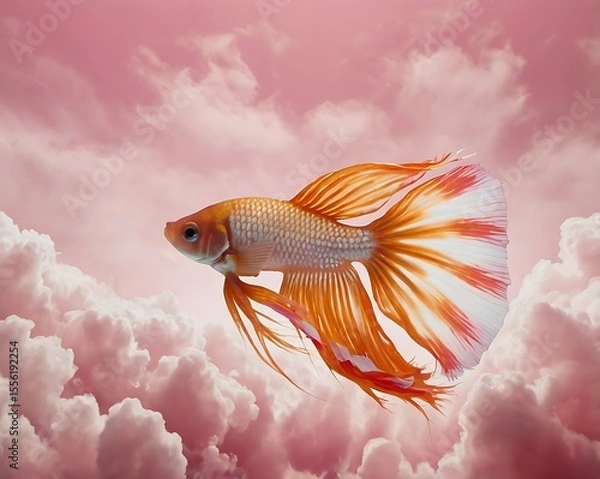 Fototapeta Elegant Betta Fish Floating in a Dreamy Pink Cloudscape with Gentle Bubbles and Soft Lighting