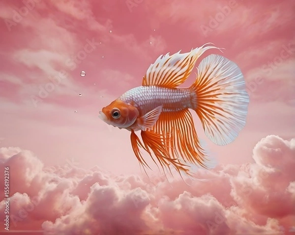 Fototapeta Elegant Betta Fish Floating in a Dreamy Pink Cloudscape with Gentle Bubbles and Soft Lighting