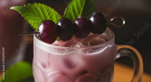 Fototapeta Refreshing Grape Cocktail: Iced Drink with Skewered Grapes and Mint Garnish
