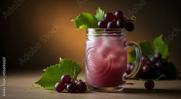 Fototapeta Refreshing Grape Juice in Rustic Mason Jar: Icy Drink with Grapes and Leaves, Dark Moody Background