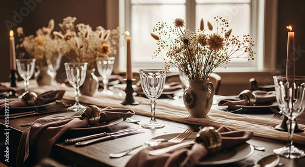 Fototapeta Rustic Elegance: A Beautifully Set Table with Dried Flowers and Candles