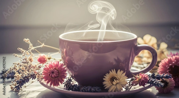 Fototapeta Steaming Cup of Tea with Flowers: Aromatic Still Life in Soft Light
