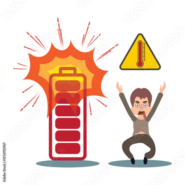 Fototapeta Man is running away from a burning battery. The concept of poor battery quality.
