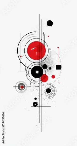 Fototapeta Abstract design with concentric circles, red, and black shapes