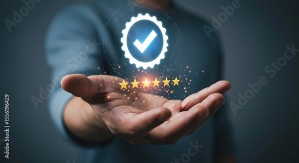 Obraz Customer satisfaction is represented by a glowing checkmark within a gear and five golden stars