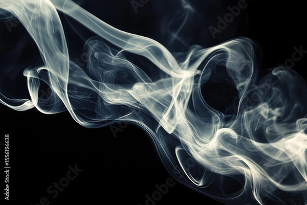 Fototapeta Abstract wisps of ethereal white smoke gracefully swirling and curling against a deep black background creating a dynamic and flowing pattern