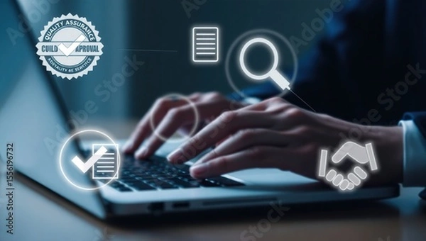 Obraz Hands typing on a laptop with glowing icons representing quality assurance and business processes