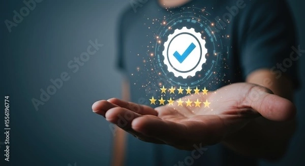 Obraz Customer satisfaction and quality assurance symbol with stars floating above open hand