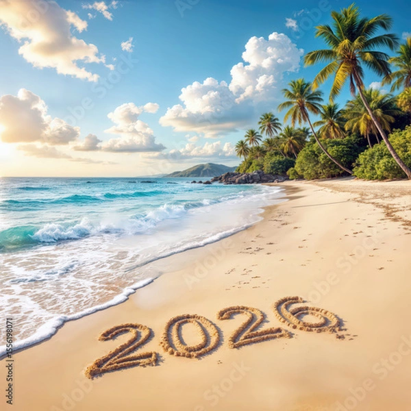 Obraz A tropical beach scene shows the year "2026" written in the sand, with waves gently lapping at the shore with palm trees