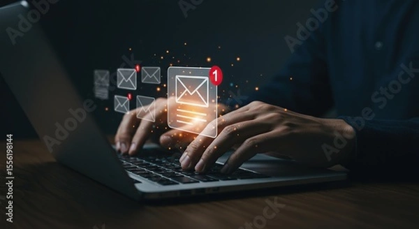 Obraz Person typing on laptop with glowing email notifications and digital communication icons