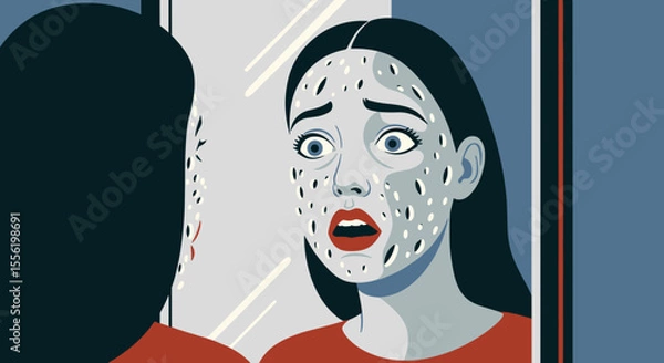 Fototapeta Woman with Trypophobia looking horrified into the mirror with patterns  - fear or strong dislike of clusters of holes, bumps, or patterns 