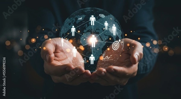 Obraz Global network of people and data connected by technology held in hands