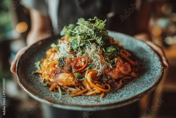 Obraz Bowl of Nan Gyi Thoke, Burmese coconut chicken salad with colorful noodles and vegetables, held firmly. Concept of vibrant Nan Gyi Thoke showcasing delicious textures and flavors.