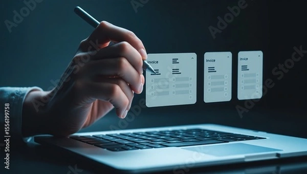 Obraz Person using a stylus on a laptop to interact with digital invoices on a screen