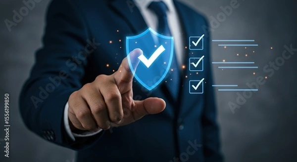 Obraz Businessman interacts with a digital shield and checklist representing security and compliance