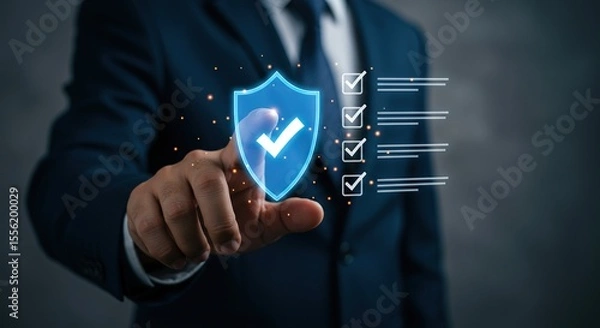 Obraz Businessman s finger touches glowing shield with checkmarks symbolizing security and compliance