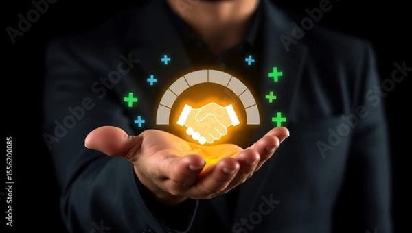 Obraz Man s outstretched hand displays glowing handshake symbol with positive indicators