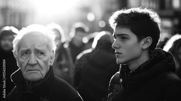 Fototapeta Generational divide: older man and young person, deep thoughts, stark contrast in black and white.
