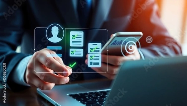 Obraz Businessman reviews verified digital profile information on a smartphone with holographic interface
