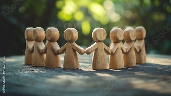 Fototapeta Wooden figurines of people holding hands in a circle on a wooden surface against a nature backdrop, symbolizing unity and friendship.