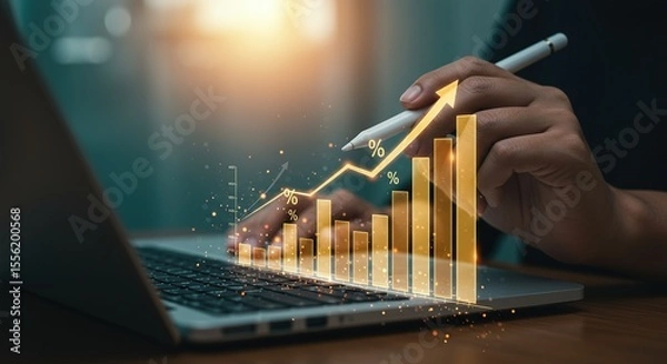Obraz Person analyzing financial growth data on a laptop with a stylus and glowing charts
