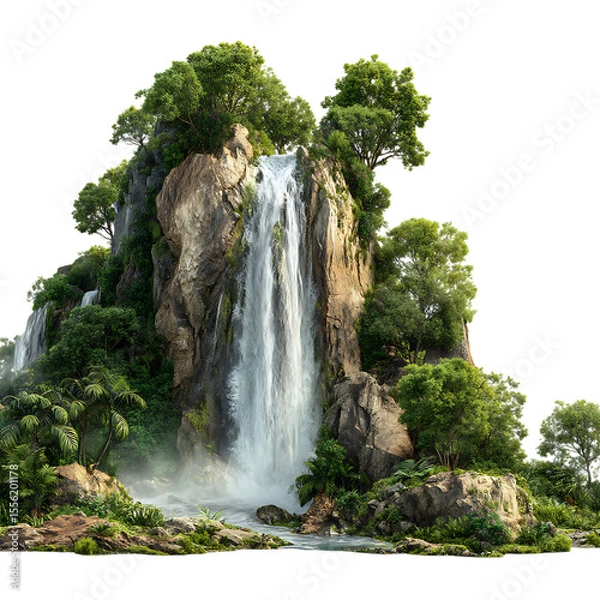 Obraz PNG Majestic Waterfall Cascading Down Lush Mountainside A Breathtaking Nature Scene against transparent Background