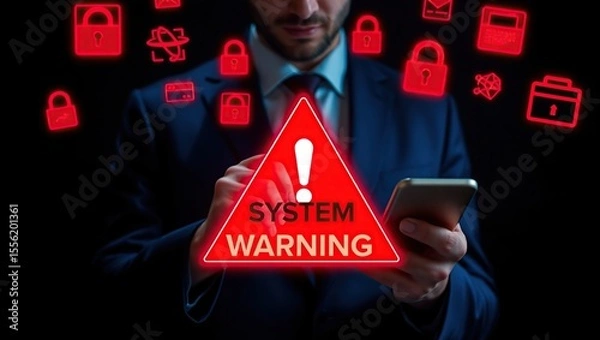 Obraz Man holding smartphone with glowing red system warning and security icons surrounding him
